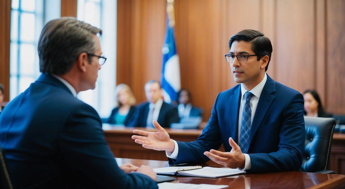A courtroom with a lawyer presenting evidence and arguing a case